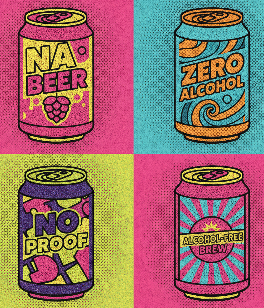 Pop art style non-alcoholic beer cans in Warhol-inspired color variations